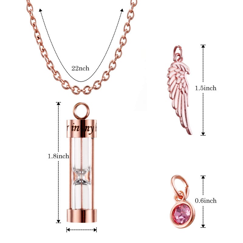 PREKIAR Cremation Urn Necklace for Ashes Timeless Hourglass Memorial Pendant Keepsake Jewelry for Human Pet Ashes with 12 Birthstone Angel Wing (Rose Gold Hourglass) - Image 2